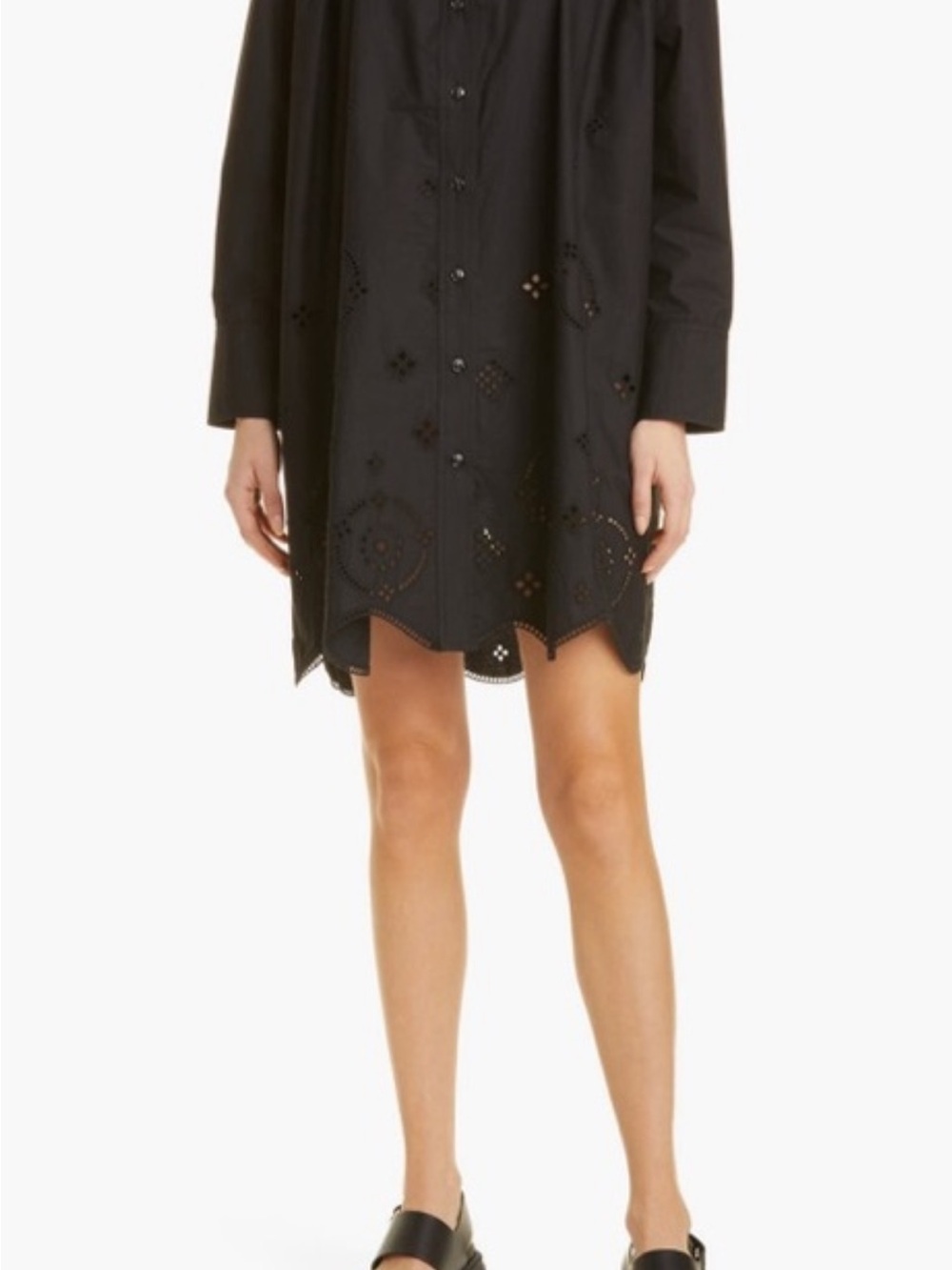 Ganni Black Broderie Anglaise Eyelet Cotton Button-Down Shirt Dress sz 38/8